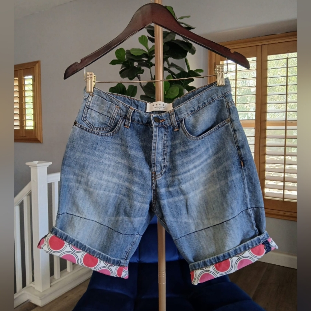 Marni Denim Shorts Blue Womens Size 25 Cotton Linen Blend  Button Fly Flip Cuff